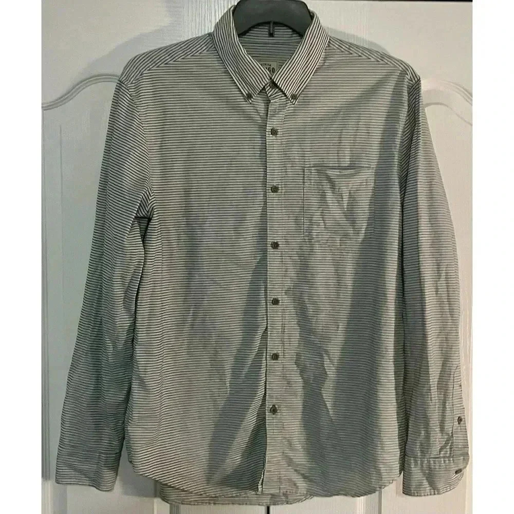 Premium Indigo Classic Fit Mens Large Long Sleeve Button Down Shirt Blue & White